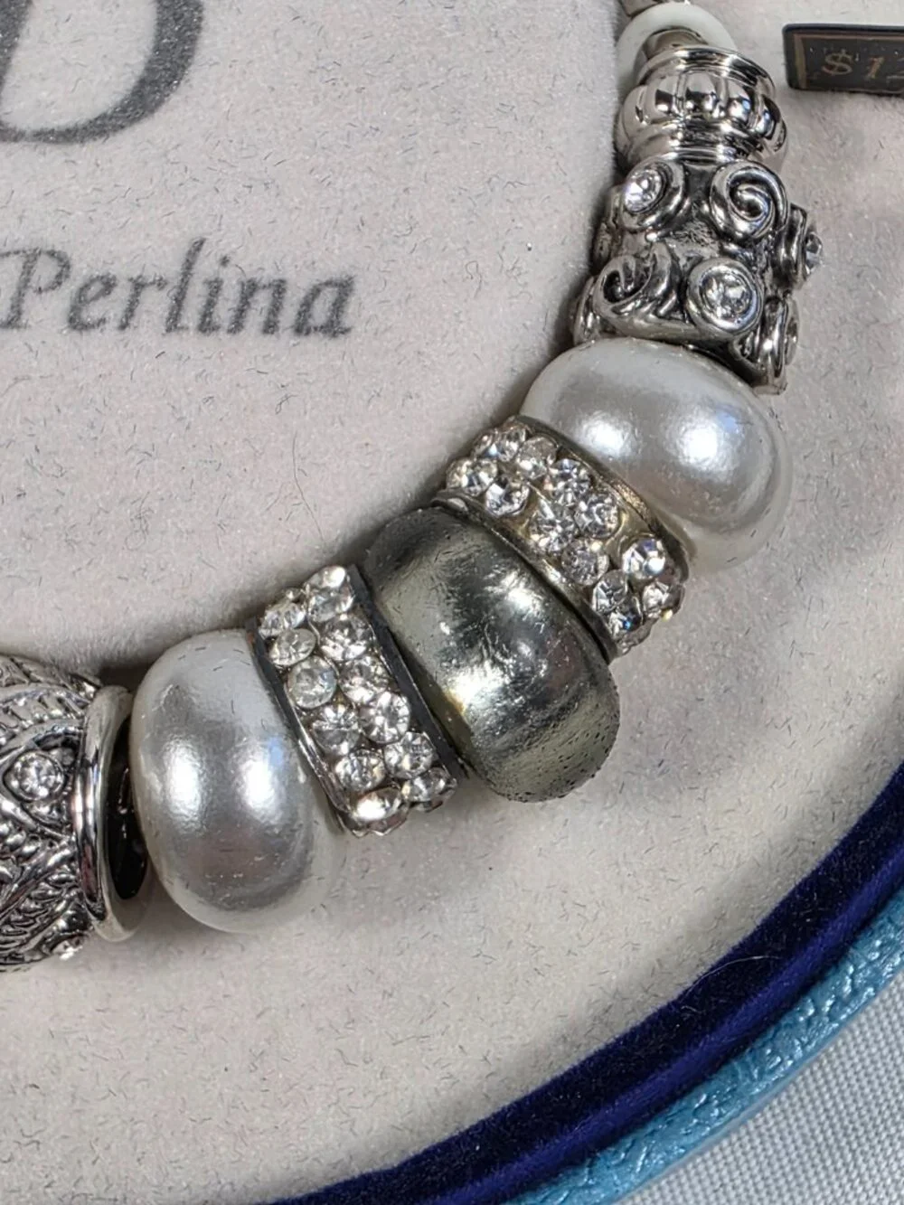 Bella Perlina Silver-Tone Charm Bracelet White Pearl Beads Crystal Accents NEW